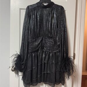 Black Metallic Dress with Feather Cuffs